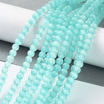 Cat Eye Beads Strands, Round, Cyan, 4mm, Hole: 0.7mm, about 100~105pcs/strand, 14.37~14.69 inch(36.5~37.3cm)