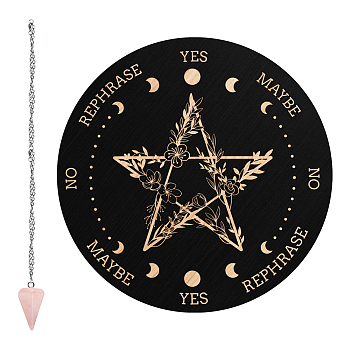 1Pc Cone/Spike/Pendulum Natural Rose Quartz Stone Pendants, 1Pc 304 Stainless Steel Cable Chain Necklaces, 1Pc PVC Custom Pendulum Board, Dowsing Divination Board, Star Pattern, 3pcs/set