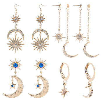 4 Pairs 4 Style Crescent Moon & Star Rhinestone Front Back Stud & Dangle & Leverback Earrings, Alloy Long Drop Earrings for Women, Golden, 23~101mm, Pin: 0.6mm, 1 Pair/style