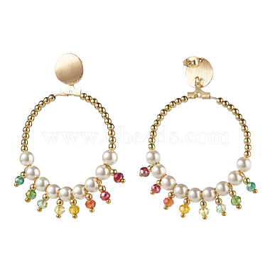 Round Shell Pearl Beads & Glass Beads Big Ring Dangle Stud Earrings(X1-EJEW-TA00013)-3