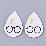 PU Leather Big Pendants, Single-Sided, teardrop, with Glasses, White, 56x36.5x2mm, Hole: 1.2mm(FIND-R072-10-B08)