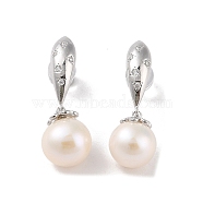 Sterling Silver Stud Earrings, with Natural Pearl and Cubic Zirconia, Jewely for Women, Round, 25x9mm(EJEW-C087-12B-P)