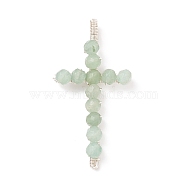 Natural Green Aventurine Faceted Round Beads Pendants, with Silver Color Plated Brass Findings, Cross Charms, 41.5~43x21~23x5~6mm, Hole: 2x3.5mm(PALLOY-TA00002-01)