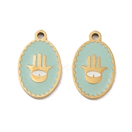 Ion Plating(IP) 316 Surgical Stainless Steel Pendants, Nickel Free, with Enamel, Real 18K Gold Plated, Oval with Hamsa Hand Pattern, Aqua, 18x11x1.5mm, Hole: 1.6mm(STAS-U014-59G-01)