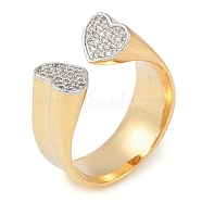 Heart Brass Micro Pave Clear Cubic Zirconia Open Cuff Ring for Women, Real 18K Gold Plated, US Size 7 1/4(17.5mm)(X-RJEW-Q819-20G)