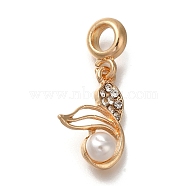 Rack Plating Alloy Crystal Rhinestone European Dangle Charms, Mermaid Tail Large Hole Charms, with ABS Imitation Pearl Beads, Golden, 31mm, Hole: 4.5mm(PALLOY-P307-16G)