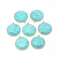 Synthetic Turquoise Pendants, with Brass Findings, Faceted, Dyed, Flat Round, Golden, Turquoise, 35.5x31.5x6~7mm, Hole: 2mm(G-Q967-05)