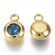 Rhinestone Charms, December Birthstone Charms, with 201 Stainless Steel, Flat Round, Golden, Capri Blue, 9x6.5x4mm, Hole: 1.8mm(STAS-S105-JN920-12)