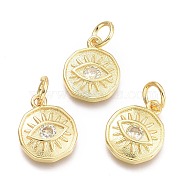 Brass Micro Pave Cubic Zirconia Pendants, with Jump Ring, Flat Round with Eye, Real 18K Gold Plated, White, 12x10x2mm, Jump Rings: 5x0.8mm, Inner Diameter: 3mm(KK-P187-17E-G)