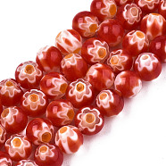 Round Millefiori Glass Beads Strands, Orange Red, 6mm, Hole: 1mm, about 67pcs/strand, 14.7 inch(X-LK-P001-37)