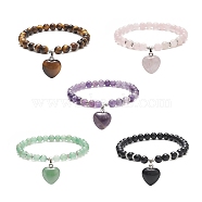 Natural & Synthetic Gemstone Beads Stretch Bracelets, Heart Charms Bracelets for Women, Inner Diameter: 2-1/8 inch(5.3cm)(BJEW-JB09206)