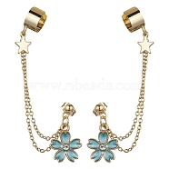 Light Gold 304 Stainless Steel Cuff Earring Chains with Rhinestone, Star & Flower Alloy Enamel Dangle Stud Earrings Crawler Earrings, Dark Turquoise, 78mm(EJEW-JE05684-04)
