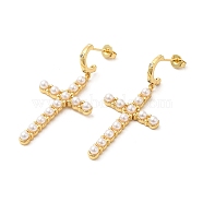 ABS Imitation Pearl Cross Dangle Stud Earrings, Brass Earrings for Women, Real 16K Gold Plated, 46~46.5mm(EJEW-K248-18G)