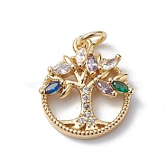 Brass Micro Pave Cubic Zirconia Pendants, Cadmium Free & Lead Free, Real 18K Gold Plated, Long-Lasting Plated, with Jump Ring, Ring with Tree Charm, Colorful, 16x13x4mm, Hole: 3mm(KK-E003-04G)