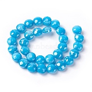 Electroplate Glass Beads Strands, Pearl Luster Plated, Faceted Flat Round, Deep Sky Blue, 10x6.5~7mm, Hole: 1mm, about 30pcs/strand, 11.8 inch(30cm)(EGLA-J106A-E27)