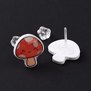 Acrylic Cartoon Mushroom Stud Earrings with Platic Pins for Women, Red, 12~12.5x12~12.5mm, Pin: 1mm(EJEW-F293-03A)