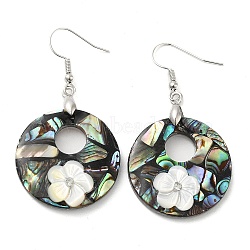 Natural Paua Shell & White Shell Flower Dangle Earrings, with Brass Earring Pins, Donut, 55x28mm(EJEW-E289-01P-02)