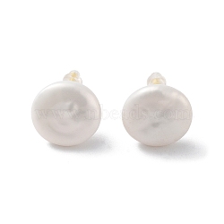 Flat Round Natural Pearl Stud Earrings for Women, with Sterling Silver Pins, Real 18K Gold Plated, 14mm(EJEW-E303-23G)