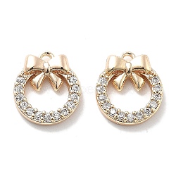 Micro Pave Cubic Zirconia Pendants, Cadmium Free & Nickel Free & Lead Free, Round with Bowknot Charms, Real 18K Gold Plated, 12x10.5x3mm, Hole: 1.2mm(KK-M102-09G)