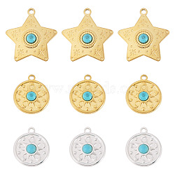 9Pcs 3 Styles Synthetic Turquoise Pendants, with 304 Stainless Steel Settings, Star & Sun, Golden & Silver, 23~32.5x20~30x4.5~5mm, Hole: 2.5mm, 3pcs/style(STAS-TA0006-41)