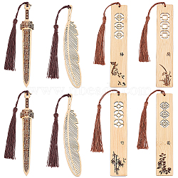 AHADEMAKER 1 Set Rectangle Wood Bookmarks with Tassels, with Chinese Character, Plum Blossom & Bamboo & Cymbidium & Chrysanthemum Pattern, with 4Pcs Bamboo Bookmarks, Mixed Color, 24~24.6cm(AJEW-GA0004-59)