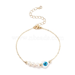 Natural Pearl & Shell Heart with Evil Eye Link Bracelet with Brass Chains for Women, Golden, 7-1/4 inch(18.5cm)(BJEW-JB08329-02)