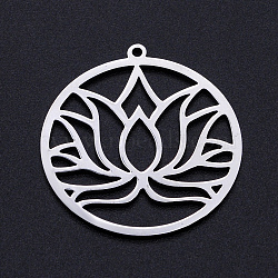 201 Stainless Steel Pendants, Filigree Joiners Findings, for Chakra, Laser Cut, Round Ring with Lotus Flower, Stainless Steel Color, 32x29.5x1mm, Hole: 1.5mm(STAS-S105-JN895)