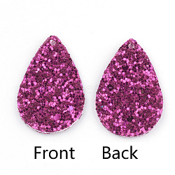 PU Leather Pendants, with Sequins, teardrop, Magenta, 39x25x2mm, Hole: 1.5mm(FIND-T020-026H)