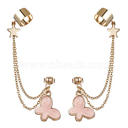 Light Gold 304 Stainless Steel Cuff Earring Chains, Star & Butterfly Alloy Enamel Dangle Stud Earrings Crawler Earrings, Misty Rose, 77mm(EJEW-JE05685-05)