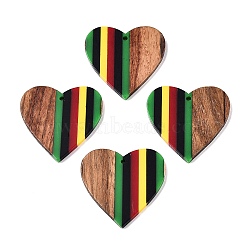 Jamaican Colour Epoxy Resin & Walnut Wood Pendants, Geometric Charms, Heart, 37.5x39x3.5mm, Hole: 2mm(RESI-N039-122V)