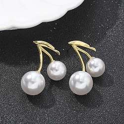 Brass Cherry Stud Earrings, with ABS Imitation Pearl, Lead Free & Cadmium Free, Long-Lasting Plated, Rack Plating, Real 18K Gold Plated, 30x24mm(EJEW-R016-12G)