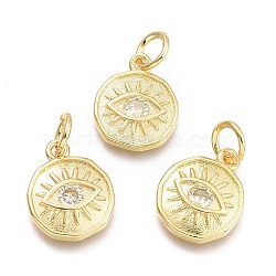 Brass Micro Pave Cubic Zirconia Pendants, with Jump Ring, Flat Round with Eye, Real 18K Gold Plated, Yellow, 12x10x2mm, Jump Rings: 5x0.8mm, Inner Diameter: 3mm(KK-P187-17E-G)