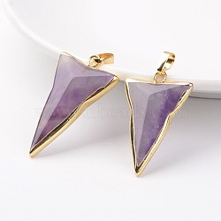 Natural Amethyst Pendants, Triangle, with Brass Findings, Golden, 30~40x20~31x6~10mm, Hole: 5x7mm(X-G-H046-02)