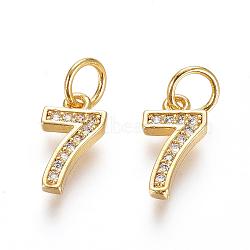 Brass Micro Pave Clear Cubic Zirconia Charms, with Jump Ring, Number, Golden, Num.7, 11x6x2mm, Hole: 3mm(ZIRC-L092-07-G)