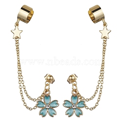 Light Gold 304 Stainless Steel Cuff Earring Chains with Rhinestone, Star & Flower Alloy Enamel Dangle Stud Earrings Crawler Earrings, Dark Turquoise, 78mm(EJEW-JE05684-04)