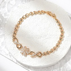 Brass Micro Pave Cubic Zirconia Link Chain Bracelets, Cadmium Free & Lead Free, Long-Lasting Plated, Golden, Flower, 8-1/2 inch(21.6cm)(KK-R217-43G)