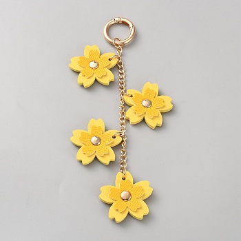 PU Leather Flower Pendant Decorations, with Alloy Rings, Gold, 170mm