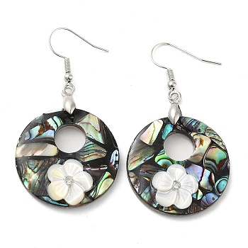 Natural Paua Shell & White Shell Flower Dangle Earrings, with Brass Earring Pins, Donut, 55x28mm