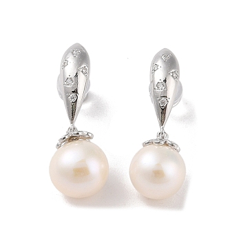 Sterling Silver Stud Earrings, with Natural Pearl and Cubic Zirconia, Jewely for Women, Round, 25x9mm