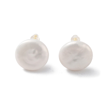 Flat Round Natural Pearl Stud Earrings for Women, with Sterling Silver Pins, Real 18K Gold Plated, 14mm