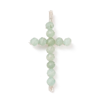 Natural Green Aventurine Faceted Round Beads Pendants, with Silver Color Plated Brass Findings, Cross Charms, 41.5~43x21~23x5~6mm, Hole: 2x3.5mm
