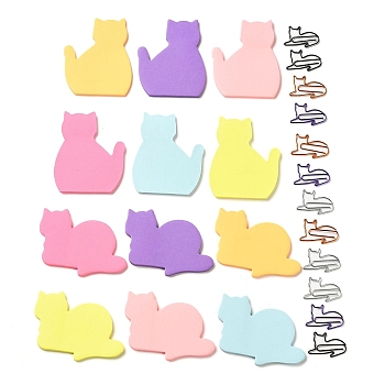 Cat Shape 12 Books 12 Style Memo Notepads, and 12Pcs 4 Colors Iron Paper Clips, Mixed Color, Notepad: 58x72x3mm & 70x58x3mm, Clip: 32x23x1mm