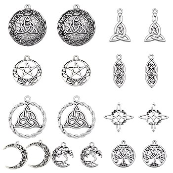 36PCS 9 Style Alloy Pendants, Mix Shapes, Antique Silver, 22~34.5x9.5~30.5x1.5~3mm, Hole: 1.8~2mm
