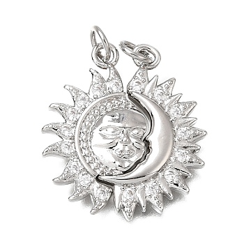Brass Micro Pave Clear Cubic Zirconia Pendants, Sun with Moon Charms, Platinum, 24x26.5x3mm, Hole: 3mm