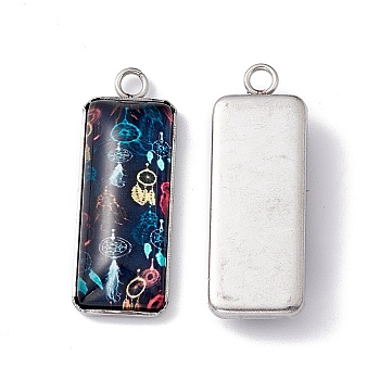 Bohemian Style Glass Pendants, with 201 Stainless Steel Finding, Rectangle with Woven Net/Web with Feather Pattern, Stainless Steel Color, Blue, 30x11x5mm, Hole: 2mm