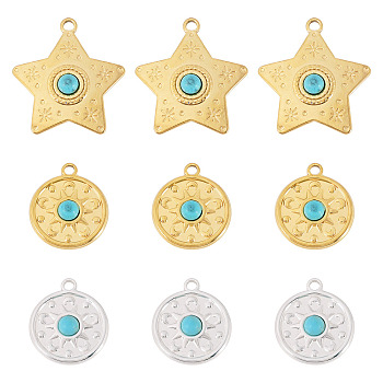 9Pcs 3 Styles Synthetic Turquoise Pendants, with 304 Stainless Steel Settings, Star & Sun, Golden & Silver, 23~32.5x20~30x4.5~5mm, Hole: 2.5mm, 3pcs/style