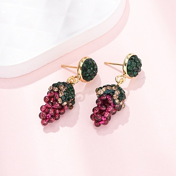 Grape Brass & Polymer Clay Rhinestones Dangle Stud Earrings, with Natural Garnet, Golden, 32x10mm