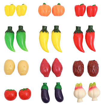 24Pcs 12 Style EPMC Resin Mini Imitation Vegetables Decoration, for Dollhouse Accessories Pretending Prop Decorations, Garlic/Sweet Potato/Jujube/Hotpepper/Pumpkin/Eggplant/Tomato/Bell Pepper, Mixed Color, 19.6~46x18.5~24mm, 2pcs/style