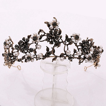 Baroque Rhinestone Pearl Wedding Crown, Alloy Hair Bands for Bridal, Black, 155x62mm