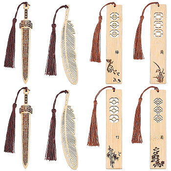 AHADEMAKER 1 Set Rectangle Wood Bookmarks with Tassels, with Chinese Character, Plum Blossom & Bamboo & Cymbidium & Chrysanthemum Pattern, with 4Pcs Bamboo Bookmarks, Mixed Color, 24~24.6cm